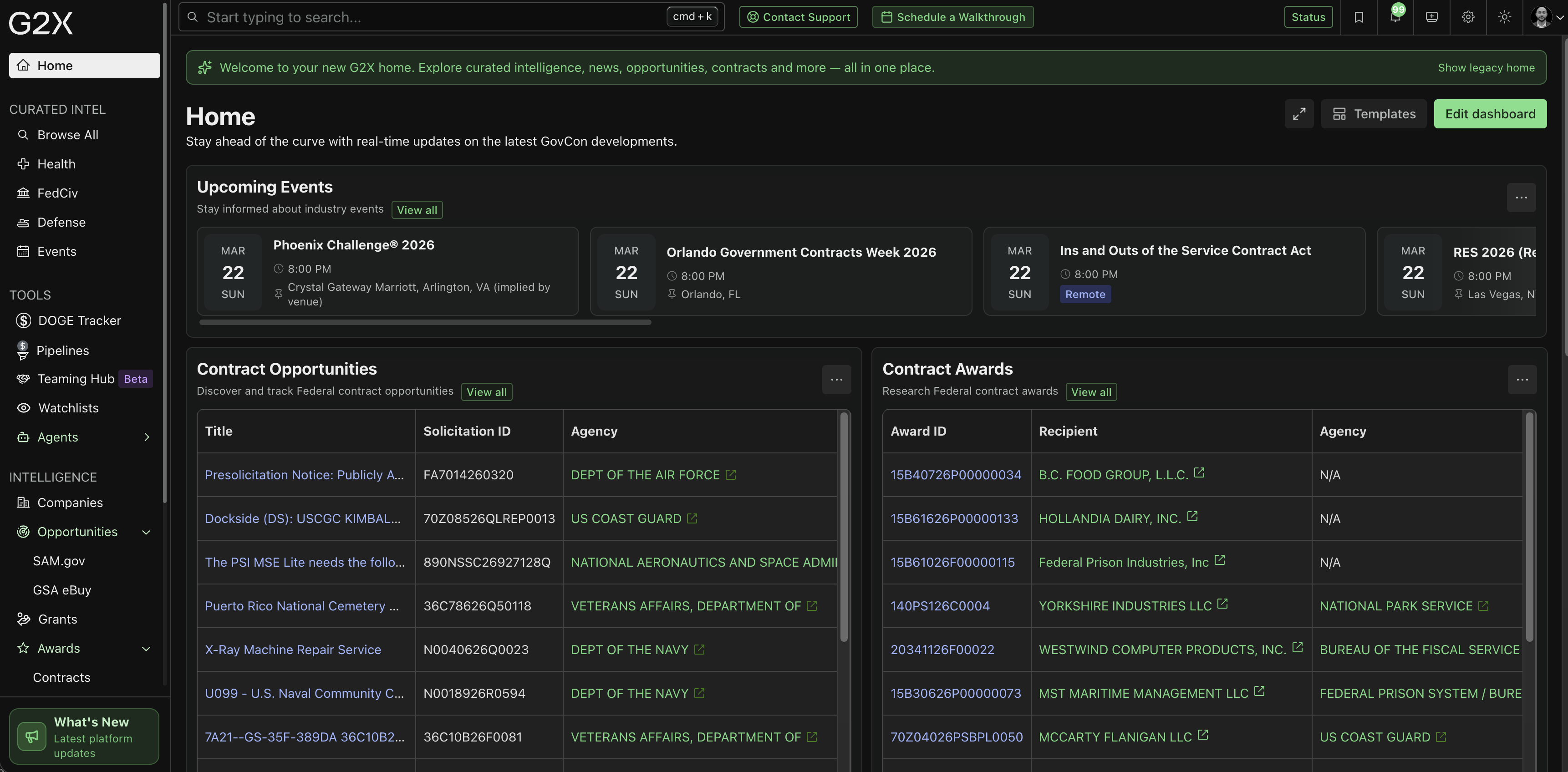 G2X platform home dashboard with opportunities, events, and contract data