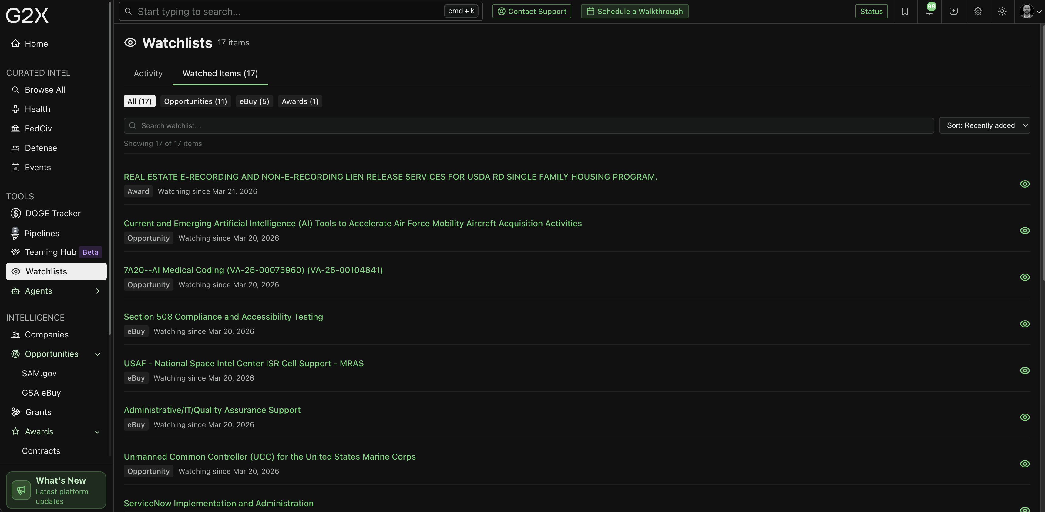 G2X watchlists showing tracked opportunities and status updates