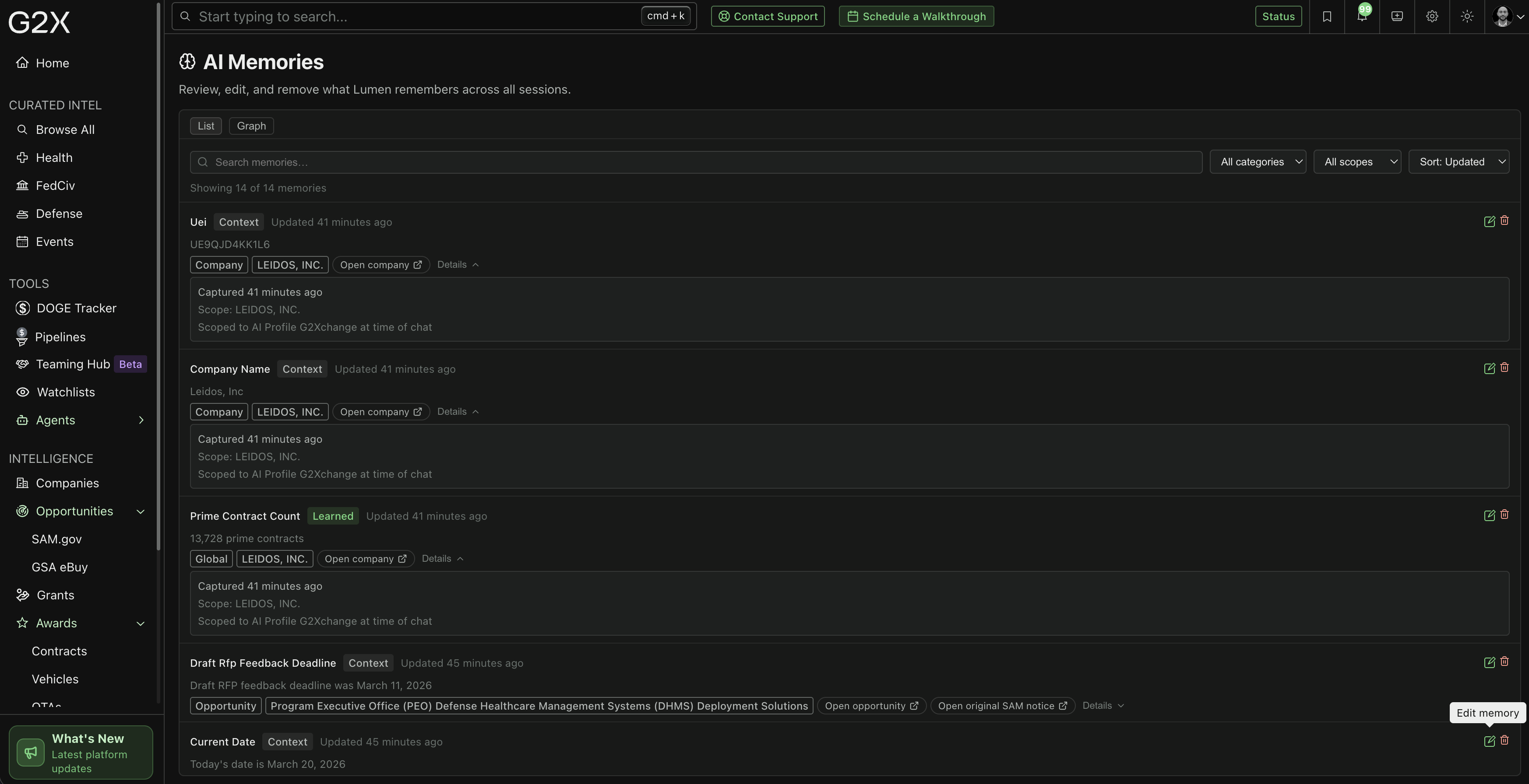 G2X AI Memories list with learned and context items, timestamps, scopes, and edit and delete actions